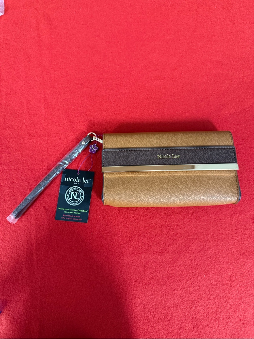 Nicole Lee Two-Tone Tan and Dark Brown Women's Wristlet Wallet with Gold Accent